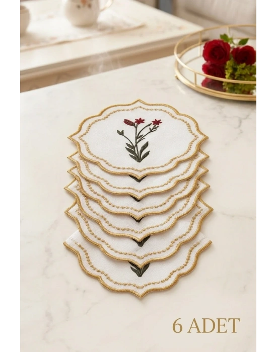 6 Adet Nakışlı Kahve Yanı Sunumluk Kokteyl Peçetesi & Bardak Altlığı Gold Kenar Çiçek Desen