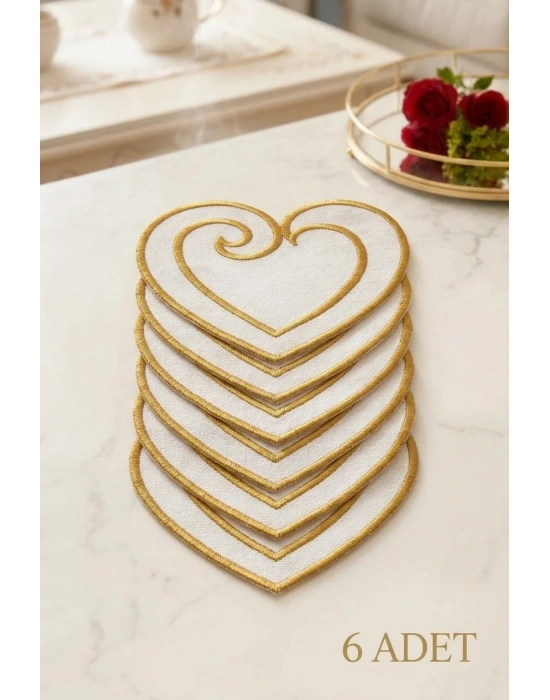 6 Adet Kalp Şekilli Nakışlı Sunumluk Peçete Gold İşlemeli Kahve Yanı Bardak Altlığı Beyaz