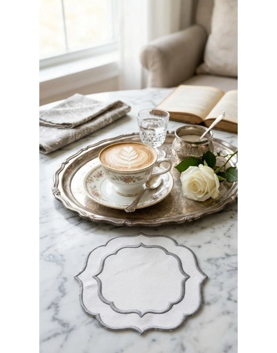Nakışlı Kumaş Bardak Altı Sunumluk 14x14 cm Pike Dokulu Kahve Yanı Fincan Altlığı Beyaz Gri