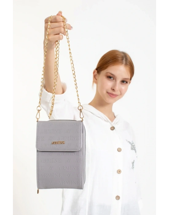 Armine Kadın Çanta, Zincir Askılı Abiye Omuz Çantası 266 Gri Lazer