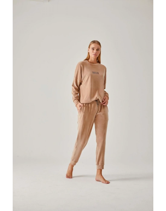 Bej Wild Taş Baskılı Kadife Kadın Pijama Takımı