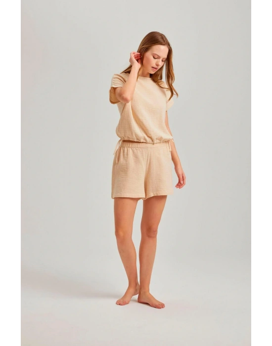 Bej Yandan Ipli Kadın Şortlu Müslin Takım