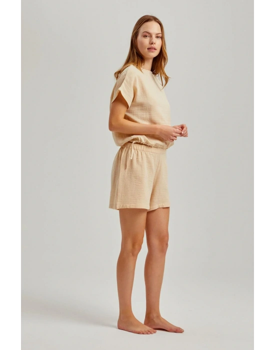 Bej Yandan Ipli Kadın Şortlu Müslin Takım