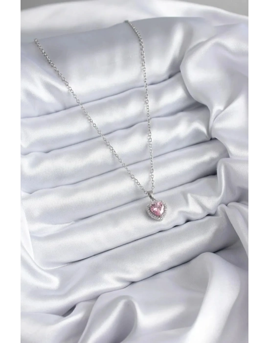 Çelik Mavi Kristal Kalp Kolye Silver Okyanusun Kalbi Pembe