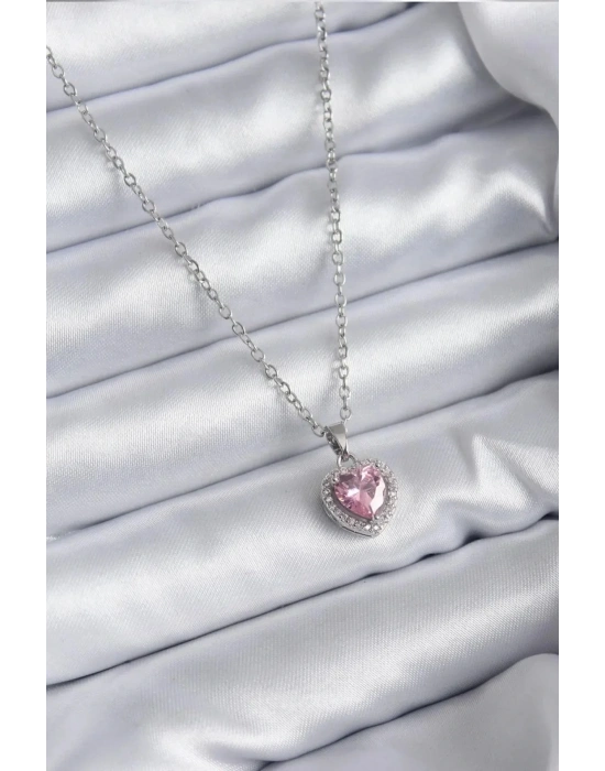 Çelik Mavi Kristal Kalp Kolye Silver Okyanusun Kalbi Pembe