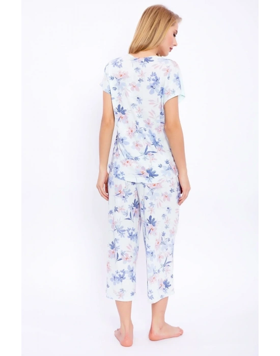 Çiçek Desenli Nil Mavisi Kadın Kapri Takım