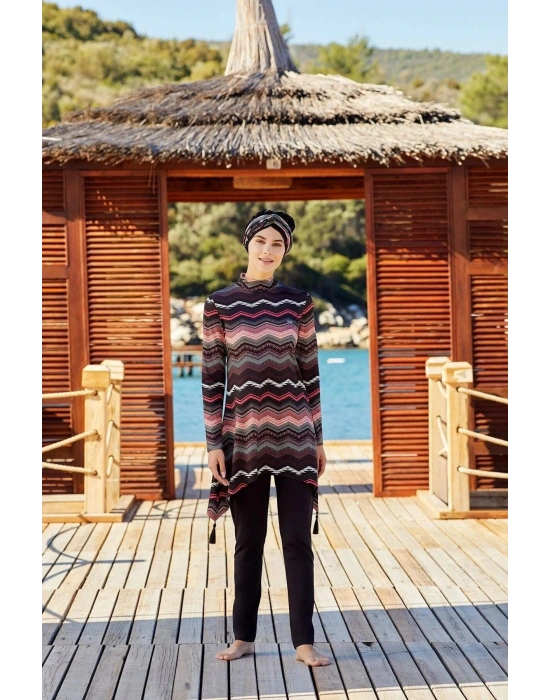 Çizgi Desenli Siyah Tesettür Mayo