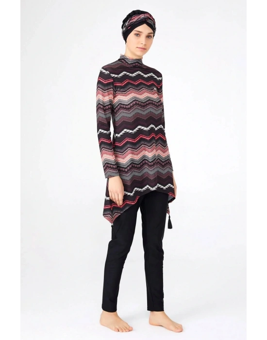 Çizgi Desenli Siyah Tesettür Mayo