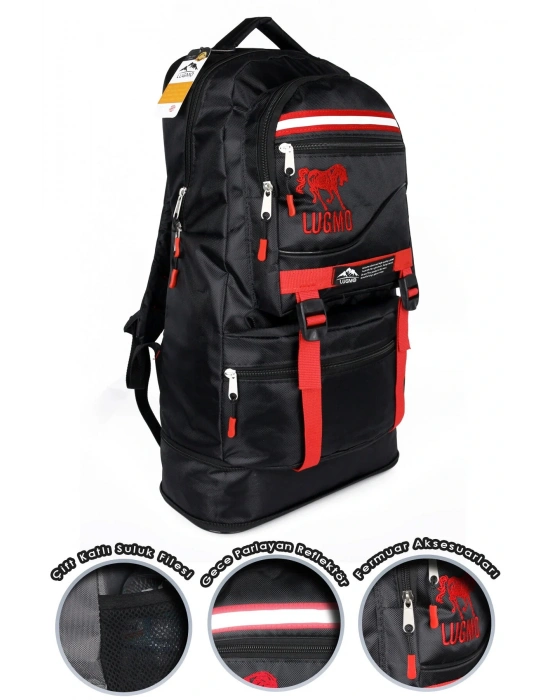 Deprem Çantası Körüklü Reflektörlü 65 Litre Siyah Kırmızı