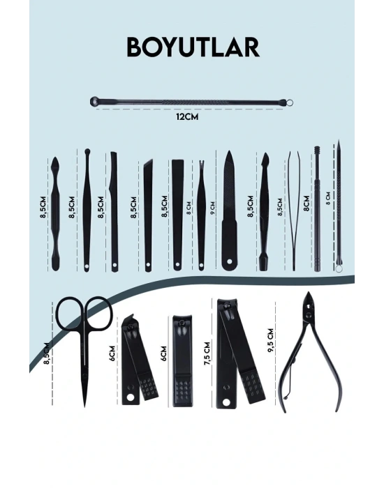 Deri Çantalı 17 Parça Profesyonel Manikür Pedikür Seti Siyah