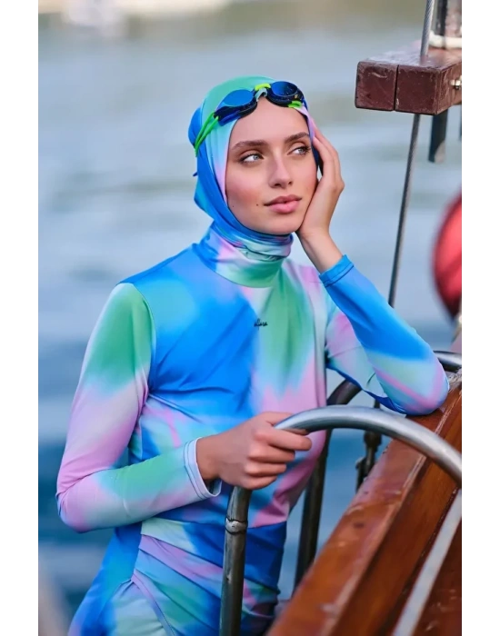 Desenli Anvelop Etek Detaylı Tesettür Mayo Dlx-24617