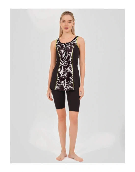 Desenli Biye Süslemeli Askılı Yarı Kapalı Mayo - Siyah -