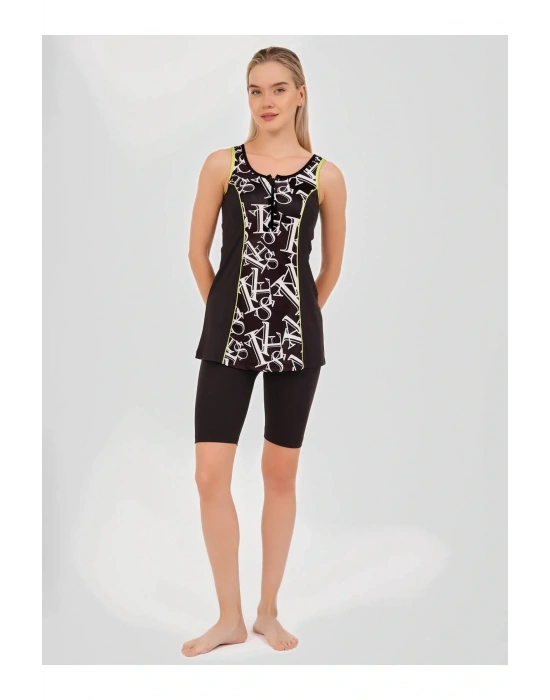 Desenli Biye Süslemeli Askılı Yarı Kapalı Mayo - Siyah -