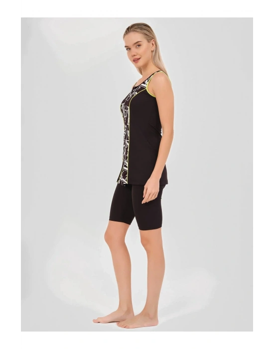 Desenli Biye Süslemeli Askılı Yarı Kapalı Mayo - Siyah -