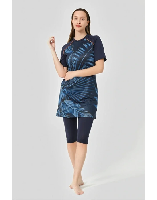 Desenli Reglan Yarım Kol Yarı Kapalı Mayo Dlx-24708