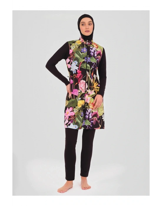 Doğa Desenli Tesettür Mayo - Siyah -