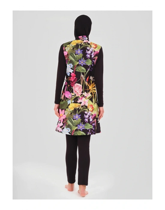 Doğa Desenli Tesettür Mayo - Siyah -