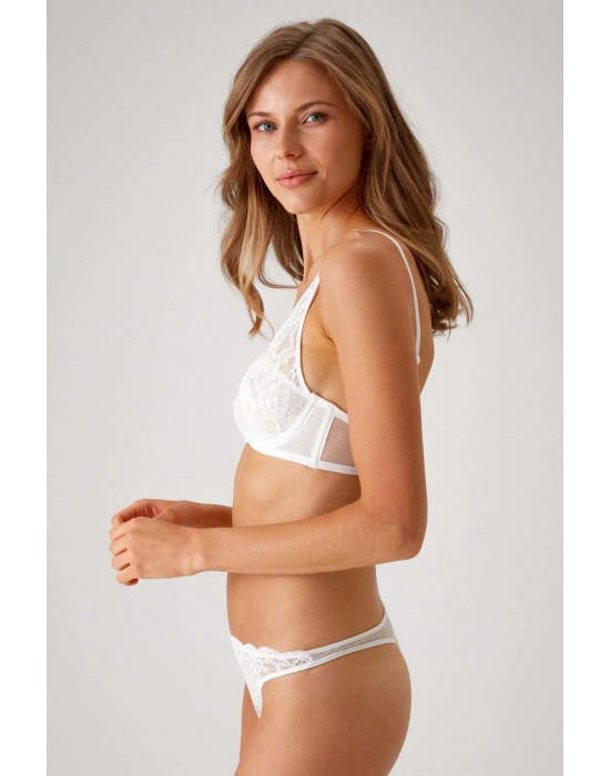 Ekru 4841 Dantelli Kapsız Dantelli Sütyen Ve String Fantezi İç Çamaşır Takımı