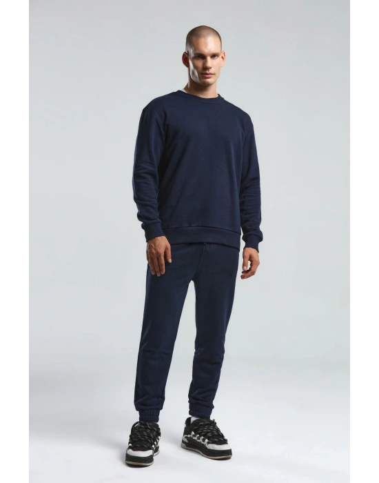 Erkek Bisiklet Yaka Uzun Kol Basıc Sweatshirt Lacivert