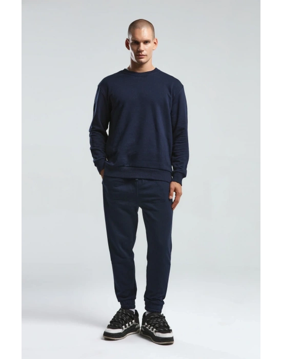 Erkek Bisiklet Yaka Uzun Kol Basıc Sweatshirt Lacivert