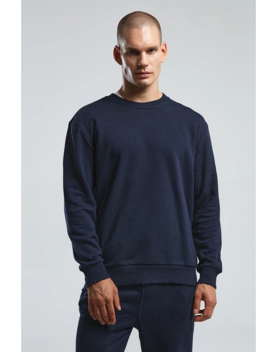 Erkek Bisiklet Yaka Uzun Kol Basıc Sweatshirt Lacivert