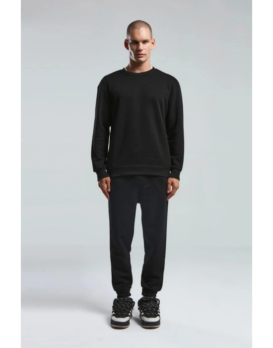 Erkek Bisiklet Yaka Uzun Kol Basıc Sweatshirt Siyah