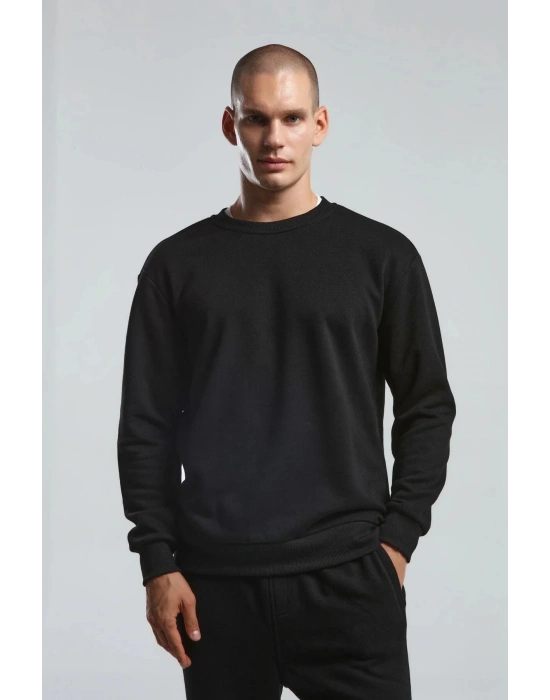 Erkek Bisiklet Yaka Uzun Kol Basıc Sweatshirt Siyah