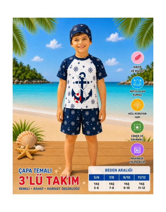 Erkek Çocuk Beyaz Şapkalı Mayo Takımı - 3 Parça