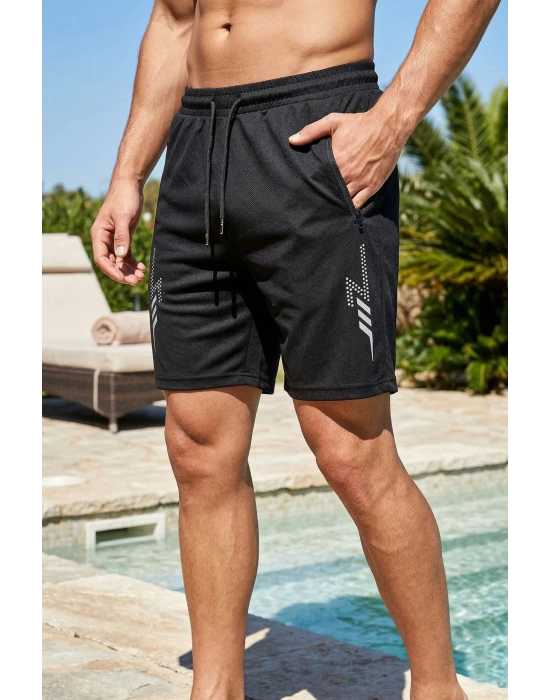 Erkek Deniz Şortu Cepli Pamuklu Su Yitici Astarlı Siyah BS-245