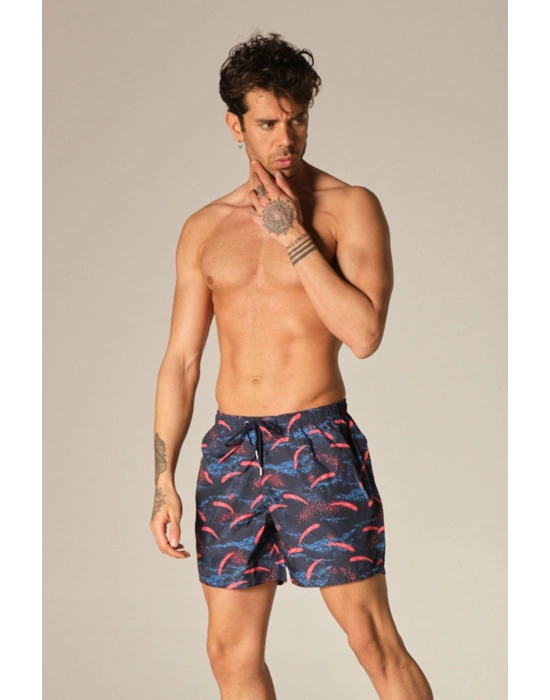 Erkek Deniz Şortu Cepli Polyester Su Yitici Özellik Tahriş Etmeyen Astarlı Lacivert Desenli K-215