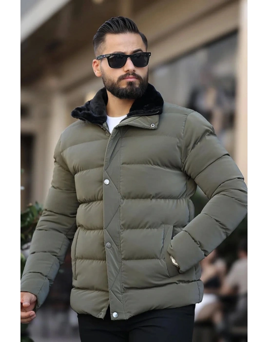 Erkek Parlak Kışlık Şişme Mont Astarlı Haki