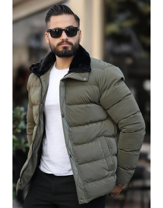 Erkek Parlak Kışlık Şişme Mont Astarlı Haki