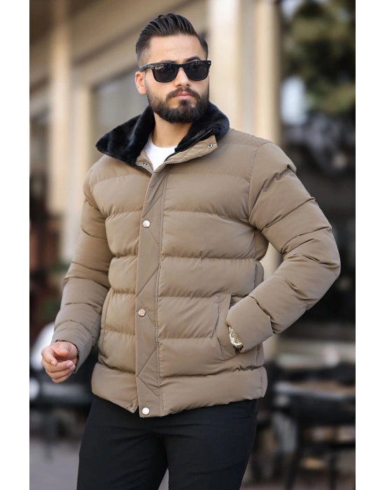 Erkek Parlak Kışlık Şişme Mont Astarlı Vizon