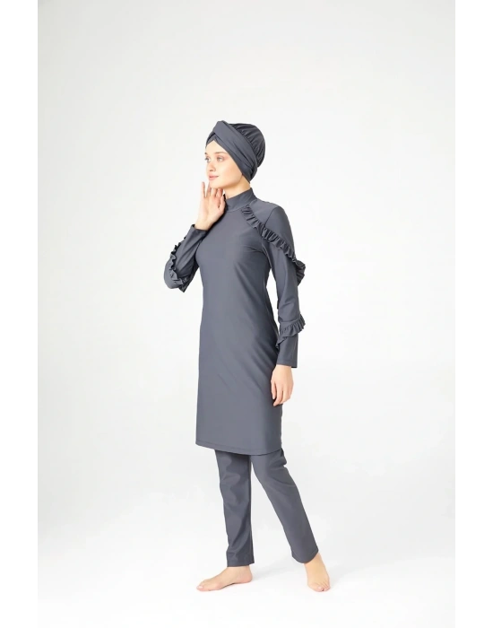 Fırfır Tasarım Likralı Tam Kapalı Tesettür Mayo Fırfır 4104 Gri