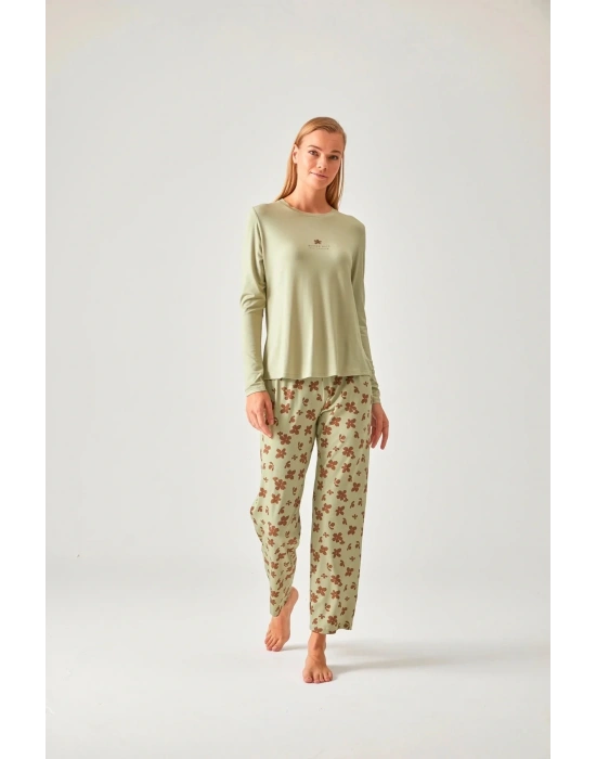 Fıstık Yeşil Çiçek Baskılı Bisiklet Yaka Pijama Takımı