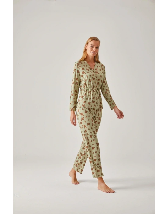 Fıstık Yeşil Çiçek Desenli Belden Bağlı Viskon Kadın Pijama Takımı