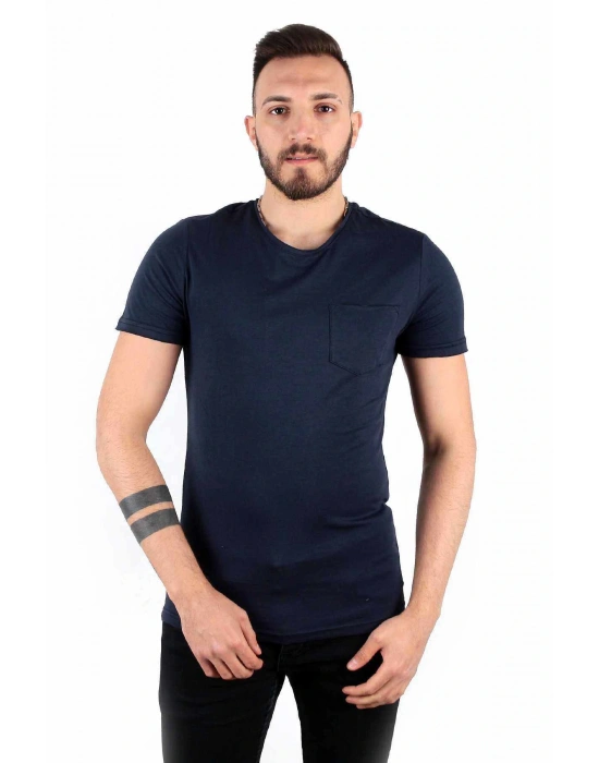 Five Pocket Erkek Bisiket Yaka Cepli Tişört Oversize Lacivert