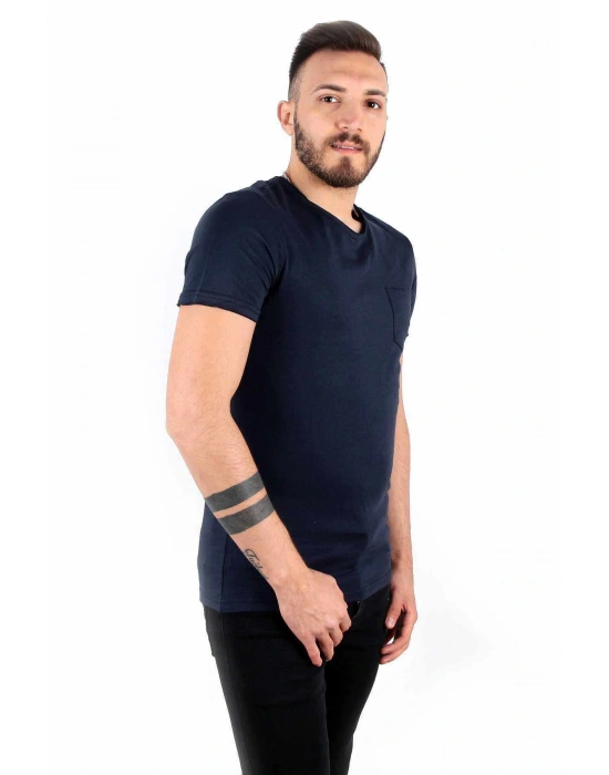 Five Pocket Erkek Bisiket Yaka Cepli Tişört Oversize Lacivert