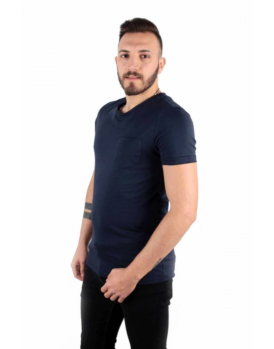 Five Pocket Erkek Bisiket Yaka Cepli Tişört Oversize Lacivert