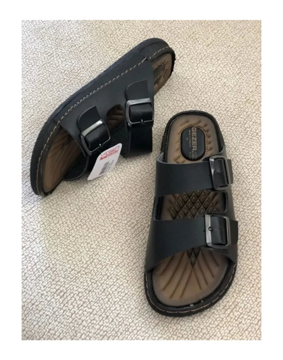 Gezer Çift Tokalı Erkek Masaj Tabanlı Anatomik Terlik Siyah