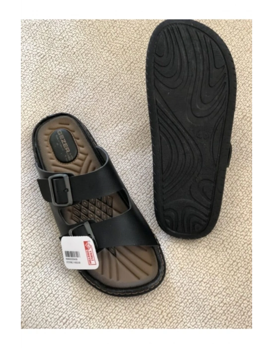 Gezer Çift Tokalı Erkek Masaj Tabanlı Anatomik Terlik Siyah