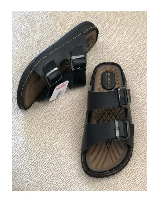 Gezer Çift Tokalı Erkek Masaj Tabanlı Anatomik Terlik Siyah