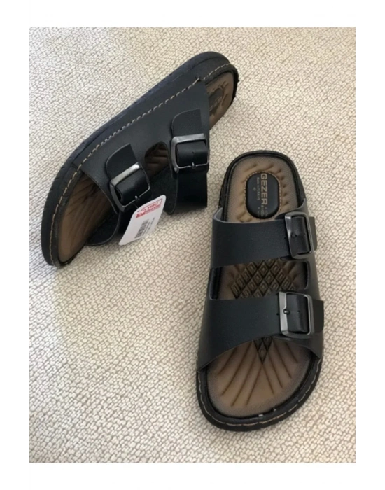 Gezer Çift Tokalı Erkek Masaj Tabanlı Anatomik Terlik Siyah