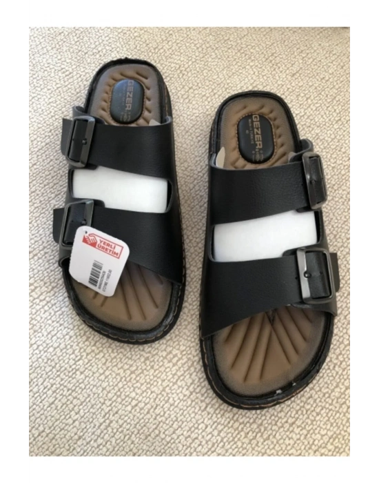 Gezer Çift Tokalı Erkek Masaj Tabanlı Anatomik Terlik Siyah