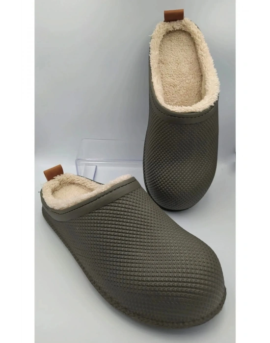 Gezer Kışlık Islak Zemin Erkek Terlik Önü Kapalı Tüylü Haki