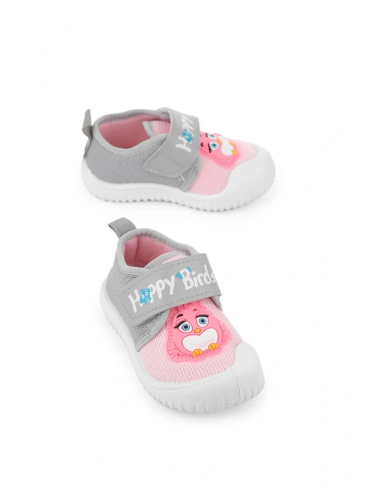 Gezer Yazlık Kız Çocuk Keten Happy Bird Cırt Cırtlı Ayarlanabilir Ayakkabı Gri Pembe