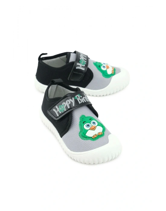 Gezer Yazlık Kız Çocuk Keten Happy Bird Cırt Cırtlı Ayarlanabilir Ayakkabı Siyah Gri