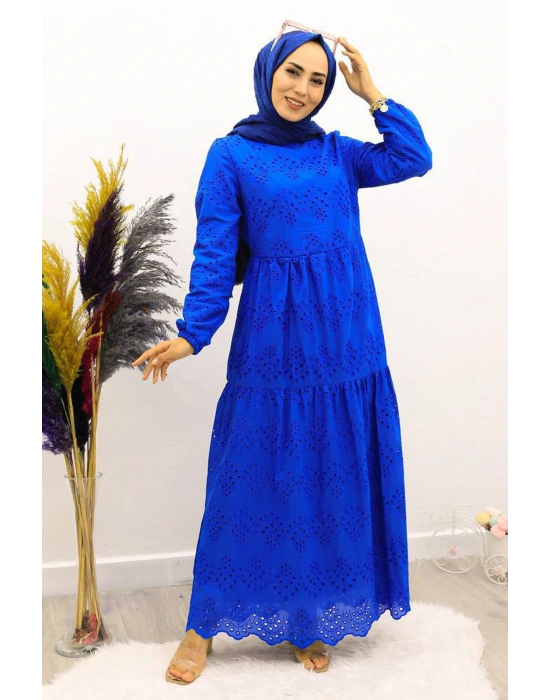 Güpürlü Elbise Boydan Astarlı Pamuk Kumaş Saks Mavi