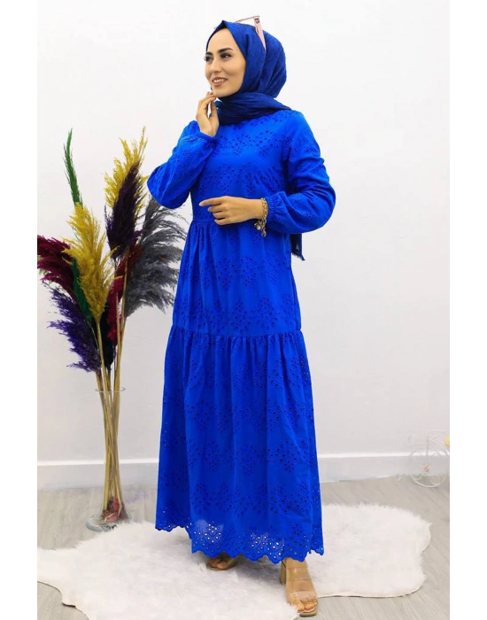 Güpürlü Elbise Boydan Astarlı Pamuk Kumaş Saks Mavi