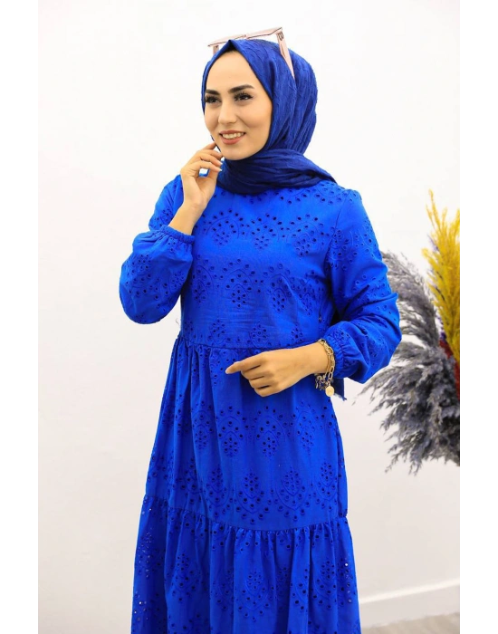 Güpürlü Elbise Boydan Astarlı Pamuk Kumaş Saks Mavi